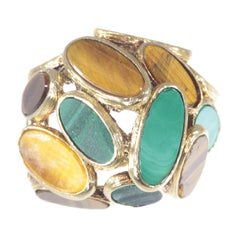 Vintage Pop-Art 18 Karat Gold Ring Set with Malachite and Tiger Eye, 1960s
