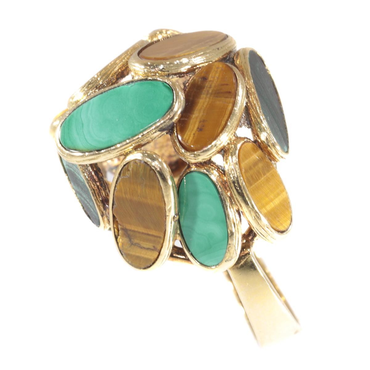 Women's Vintage Pop-Art 18 Karat Gold Ring Set with Malachite and Tiger Eye, 1960s For Sale