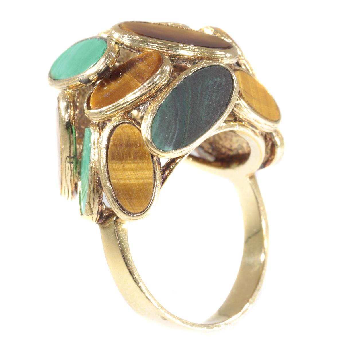 Vintage Pop-Art 18 Karat Gold Ring Set with Malachite and Tiger Eye, 1960s For Sale 1