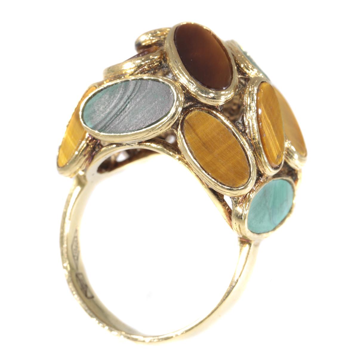 Vintage Pop-Art 18 Karat Gold Ring Set with Malachite and Tiger Eye, 1960s For Sale 2