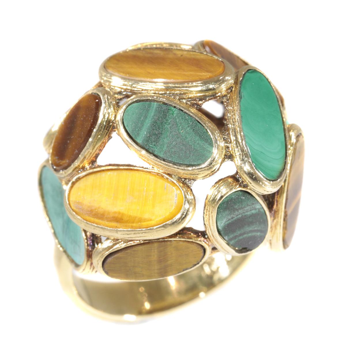 Vintage Pop-Art 18 Karat Gold Ring Set with Malachite and Tiger Eye, 1960s For Sale 3