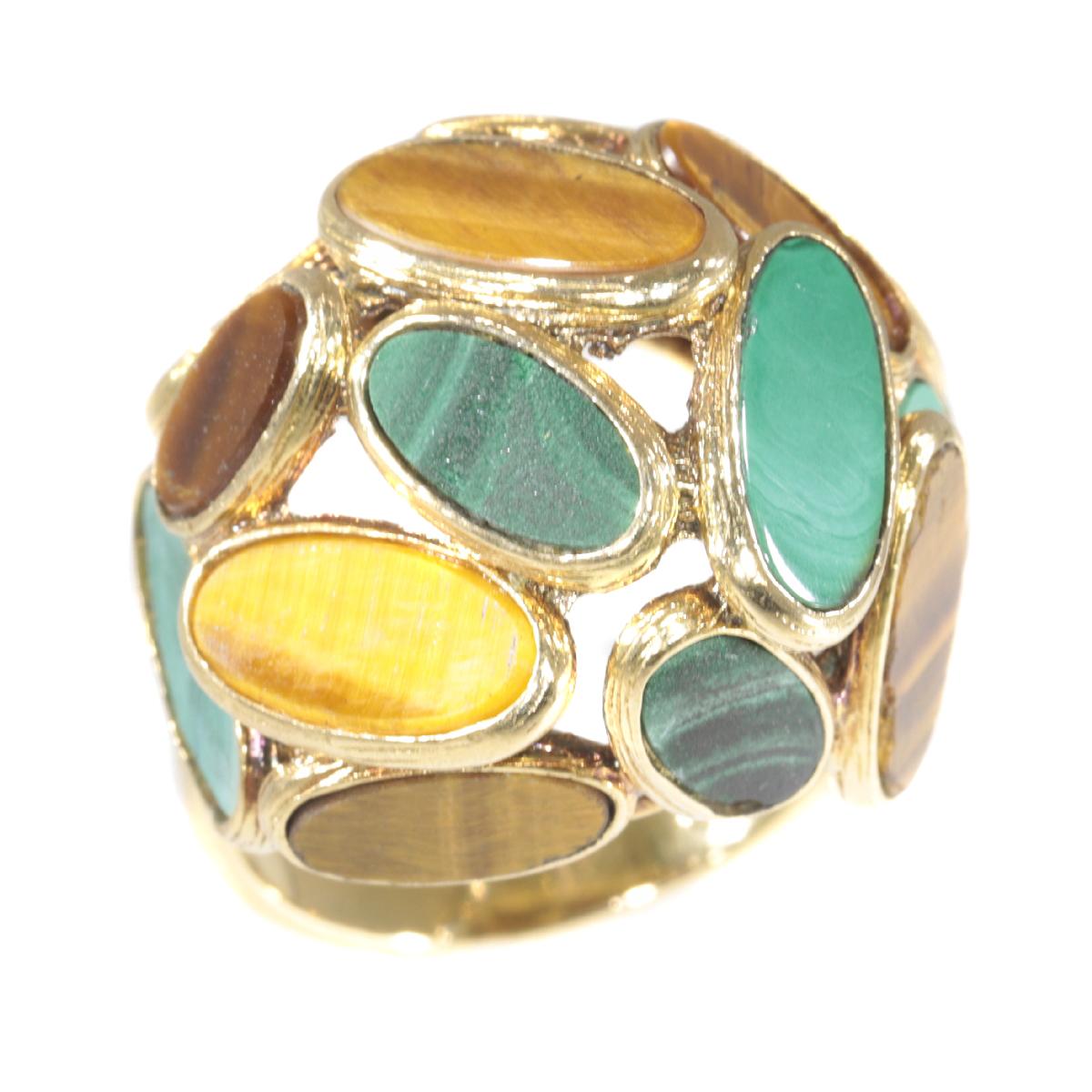 Vintage Pop-Art 18 Karat Gold Ring Set with Malachite and Tiger Eye, 1960s For Sale 4