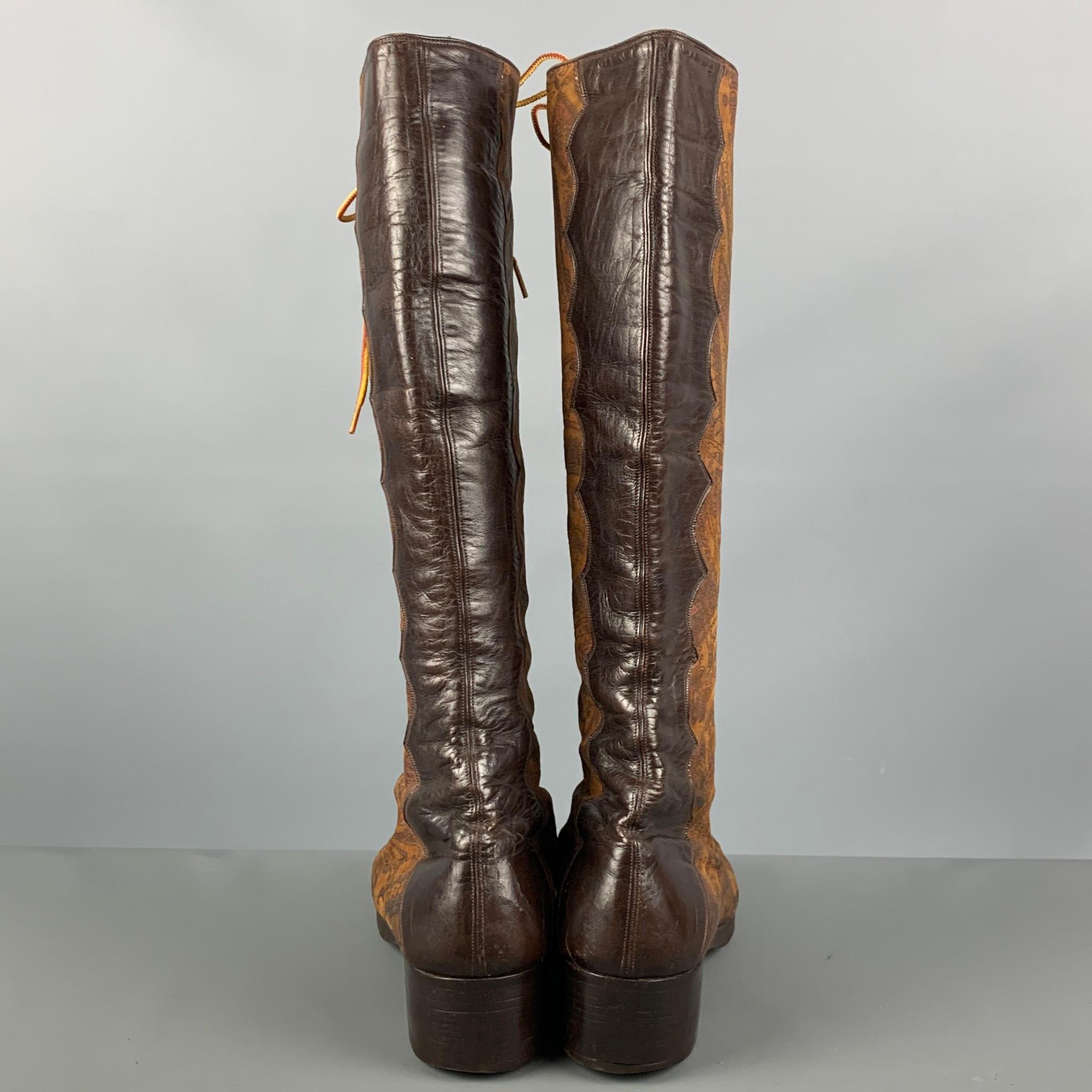 VINTAGE Size 10 Brown Tan Mixed Leathers Lace Up Boots In Good Condition In San Francisco, CA