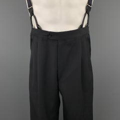 Vintage Size 33 Black Wool Pleated Tuxedo Stripe Braces Trousers