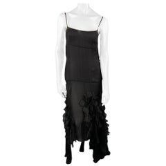 VINTAGE Size 6 Black Rhinestone Applique Silk Spaghetti Strap Cocktail Dress