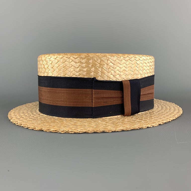 Vintage Size 7 1/8 Khaki Straw Navy and Copper Band Boater Hat at 1stDibs
