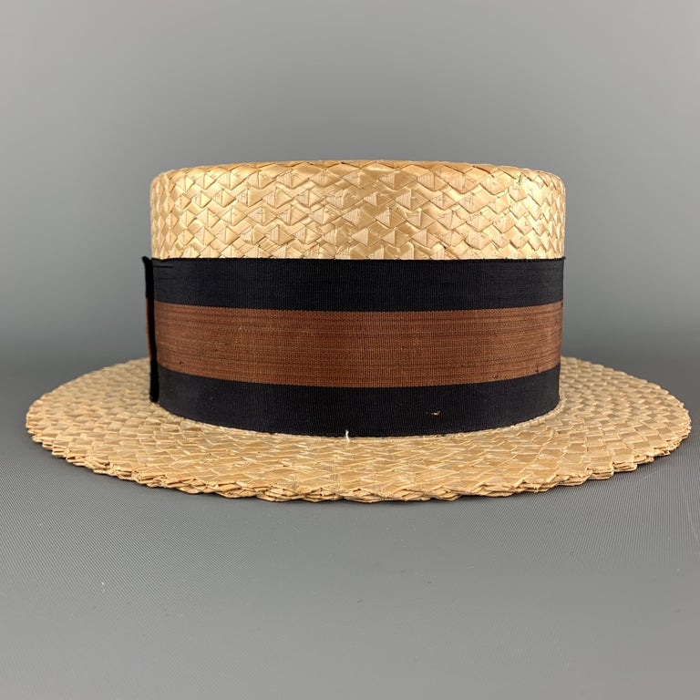 Vintage Size 7 1/8 Khaki Straw Navy and Copper Band Boater Hat at 1stDibs