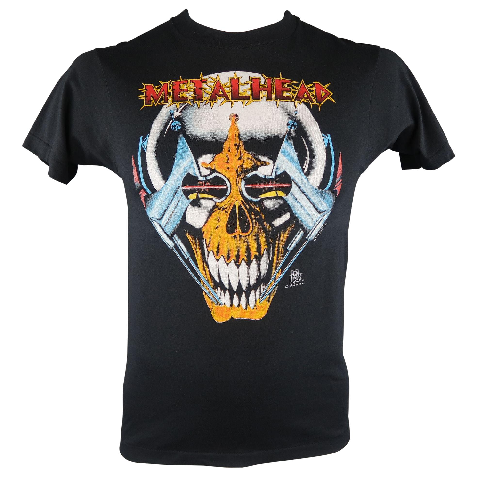 VINTAGE Size M Black Metal Head Rock 80s Graphic Cotton / Polyester T-shirt