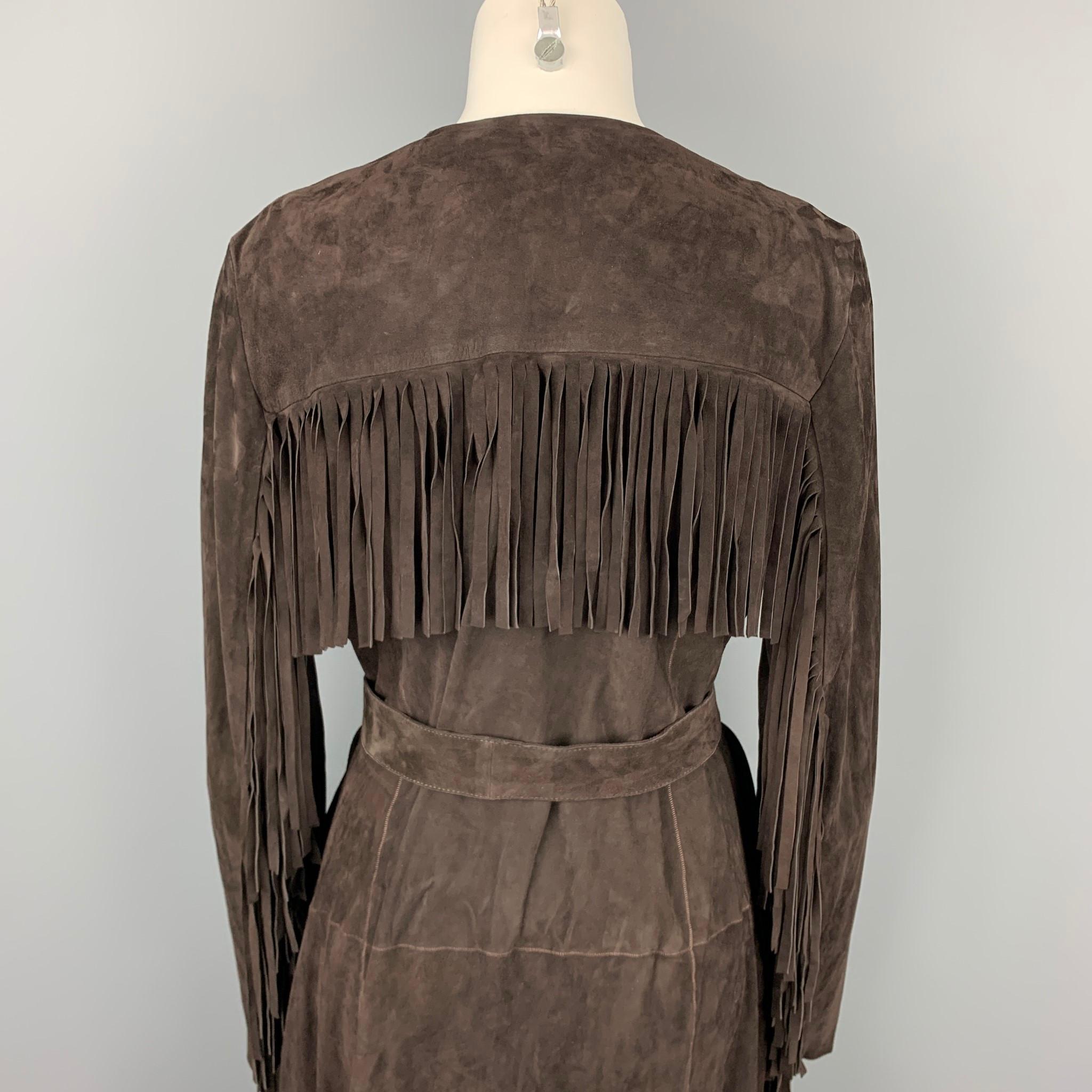 VINTAGE Size M Brown Suede Fringe Belted Open Front Coat In Good Condition In San Francisco, CA