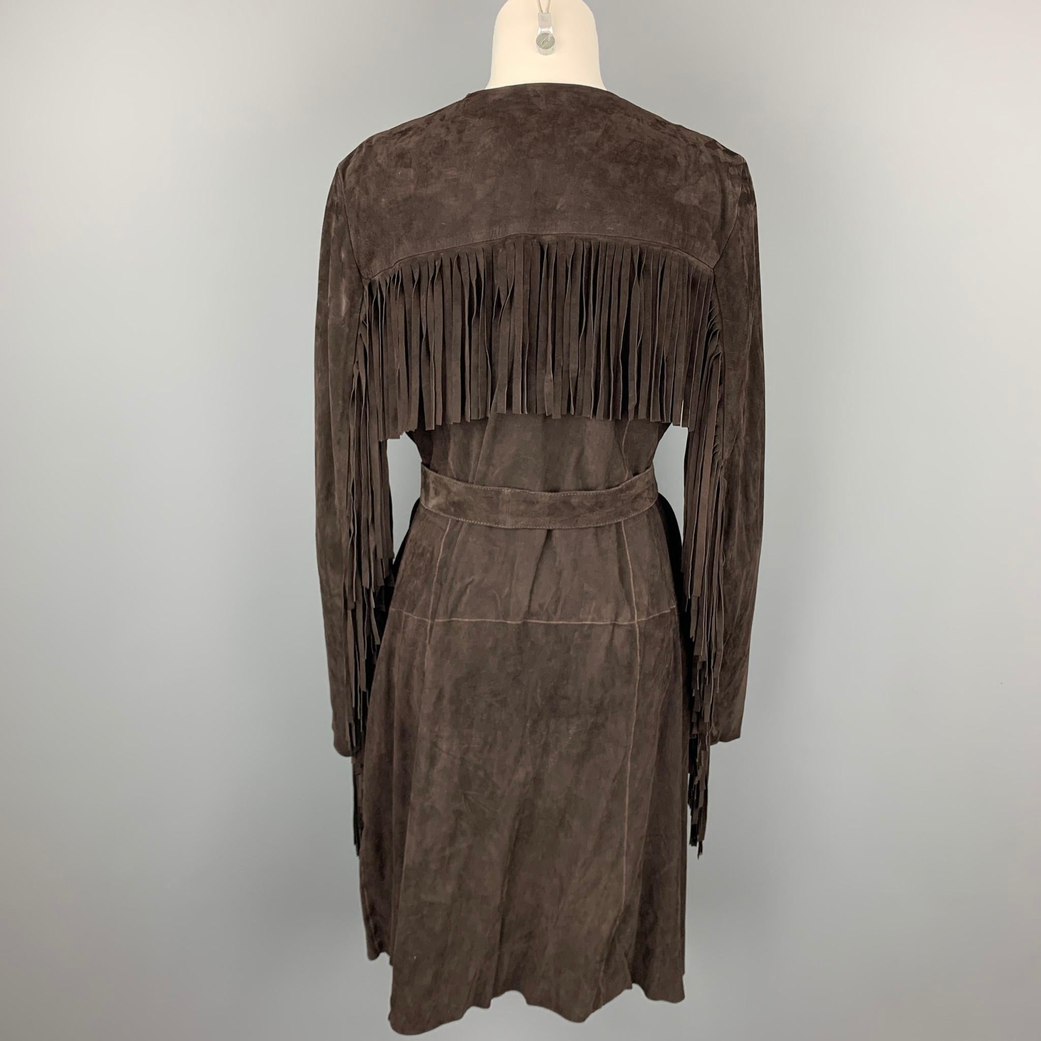 Women's VINTAGE Size M Brown Suede Fringe Belted Open Front Coat