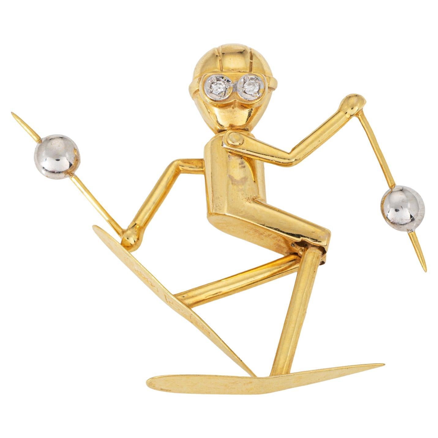 Vintage Skier Pendant Articulated Diamond Eyes 14k Yellow Gold Charm Jewelry
