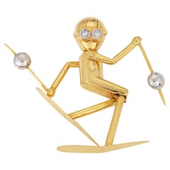 Vintage Skier Pendant Articulated Diamond Eyes 14k Yellow Gold Charm Jewelry