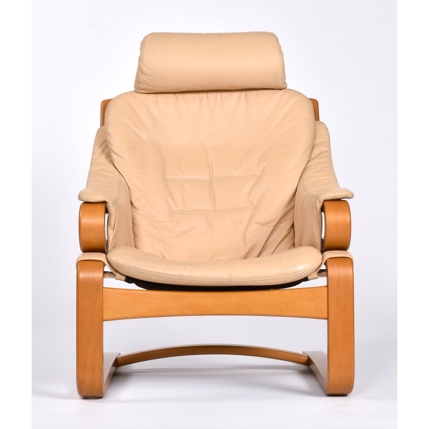 Scandinavian Modern Vintage Skipper Mobler Beige Leather Apollo Sling Chair and Ottoman Set