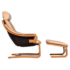 Vintage Skipper Mobler Beige Leather Apollo Sling Chair and Ottoman Set