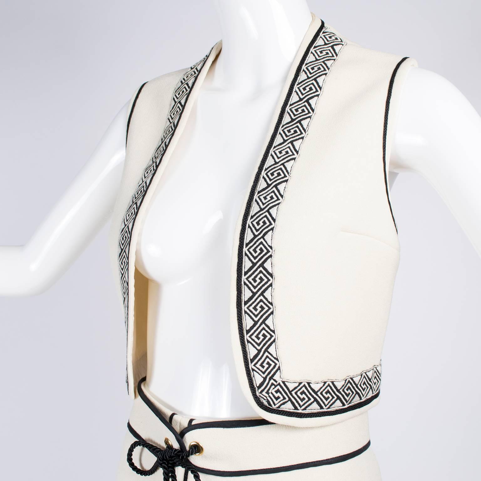 Vintage Skirt & Vest Suit in Ivory Wool Crepe W/ Black Trim & Tassel Belt France In Excellent Condition In Portland, OR