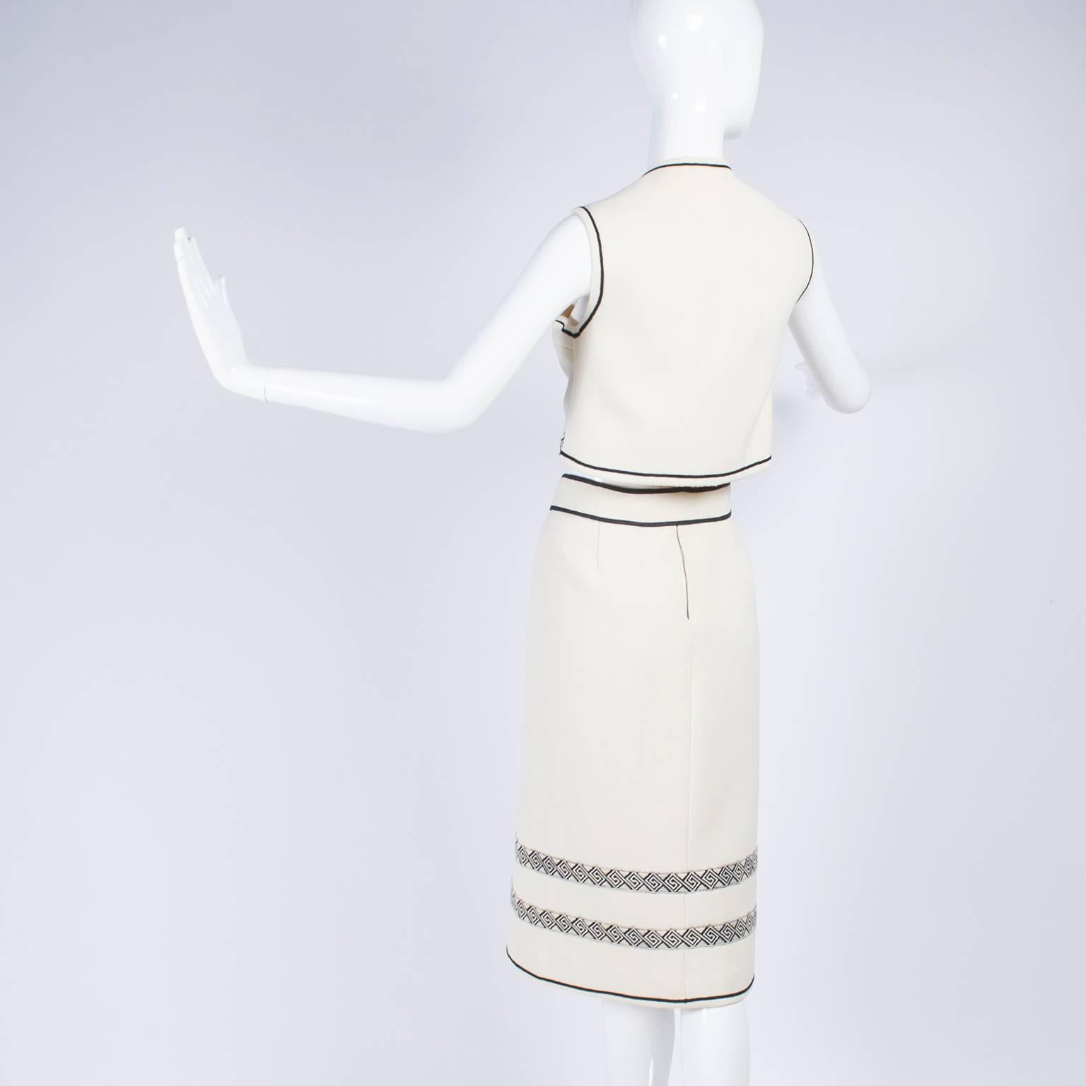 Women's Vintage Skirt & Vest Suit in Ivory Wool Crepe W/ Black Trim & Tassel Belt France
