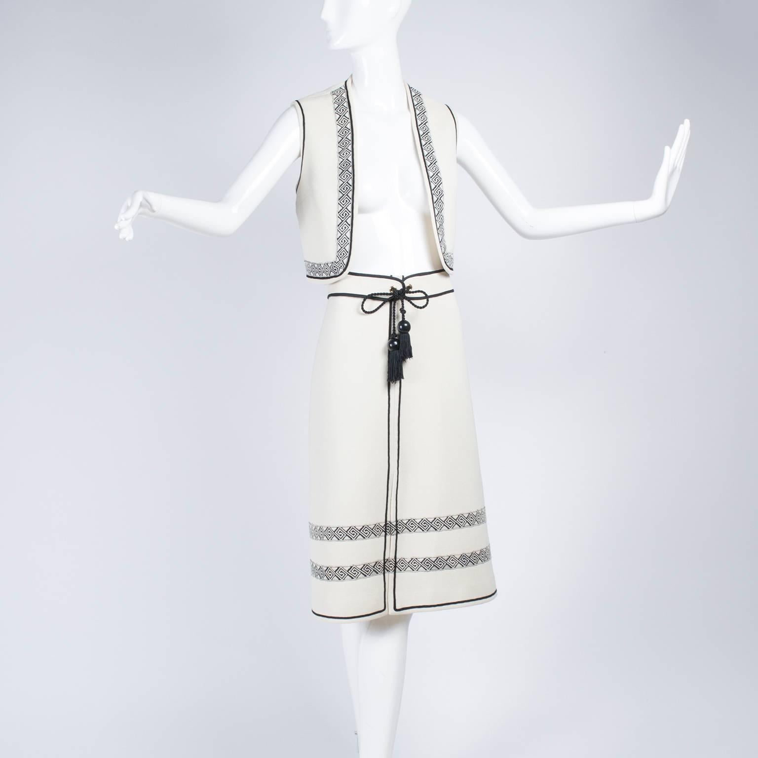 Vintage Skirt & Vest Suit in Ivory Wool Crepe W/ Black Trim & Tassel Belt France 1