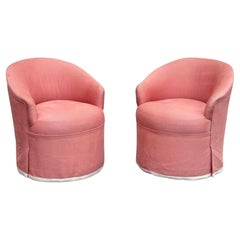 Vintage Skirted Swivel Barrel Chairs on Wheels in Pink Upholstery