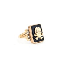 Vintage Skull & Crossbones Ring with Diamond Accents in 10k Yellow Gold