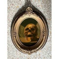 Dipinto ad olio vintage con teschio in cornice decorata