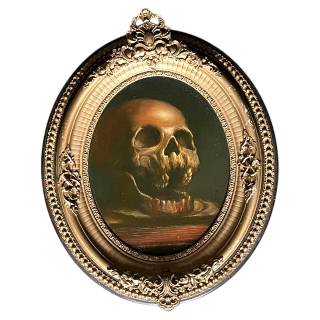 Vintage-Ölgemälde mit Totenkopfmotiv in kunstvollem Rahmen