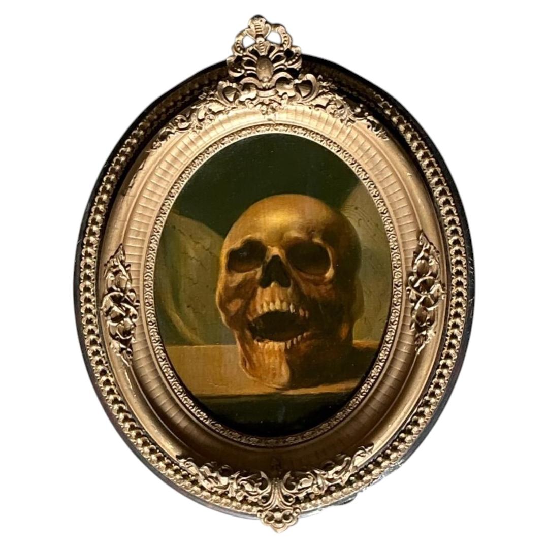 Vintage-Ölgemälde mit Totenkopfmotiv in kunstvollem Rahmen