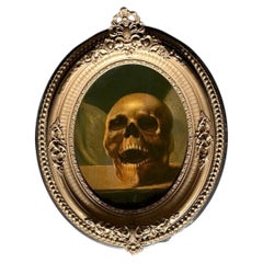 Dipinto ad olio vintage con teschio in cornice decorata