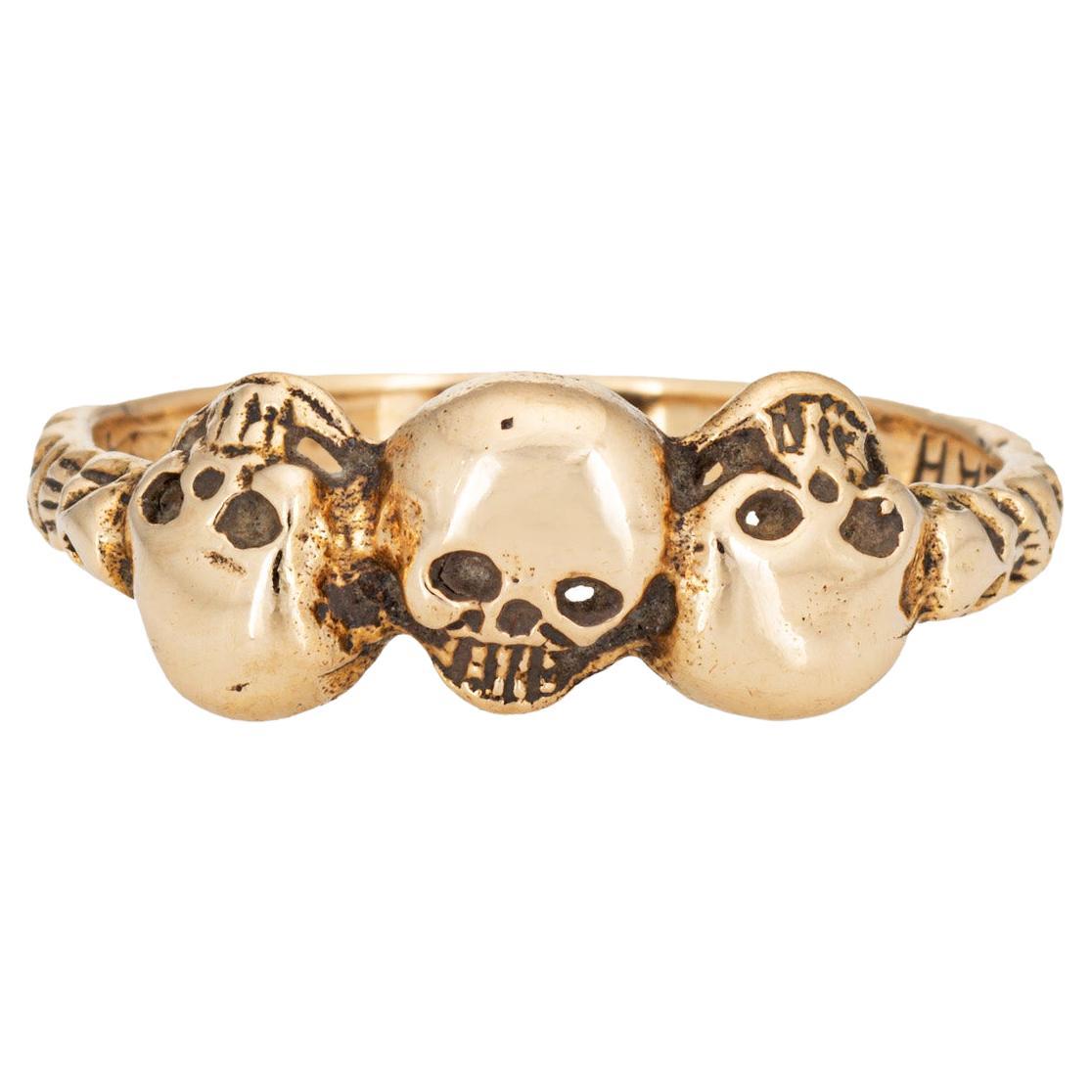 Vintage Skull Ring 14k Yellow Gold Band Sz 8.5 Three Heads Fine Jewelry