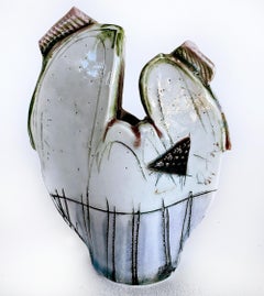 Vintage Slab-built Studio Pottery Abstract Glazed Vase, Terracotta