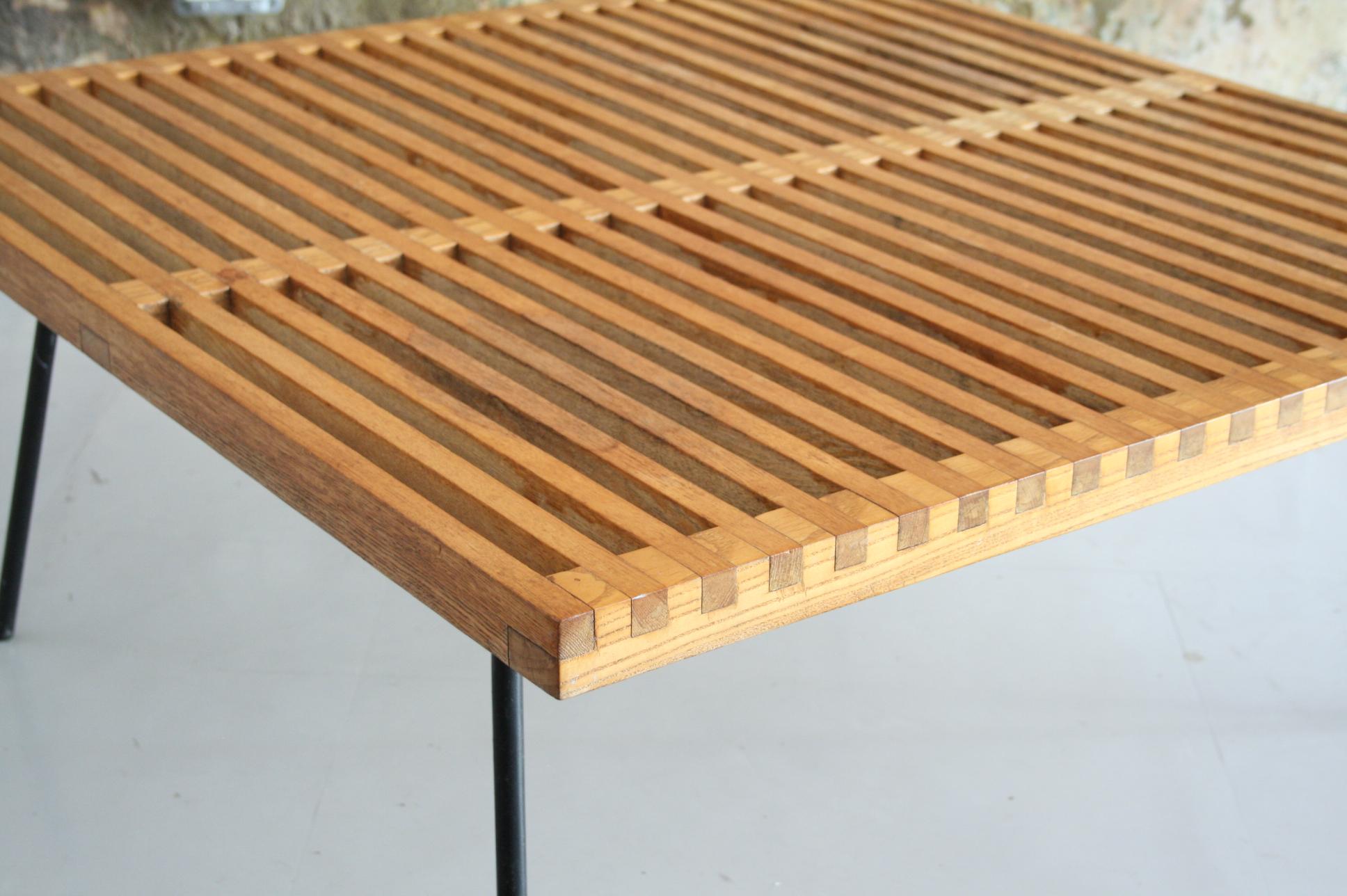 Mid-Century Modern Vintage Slat Table with Iron Legs For Sale
