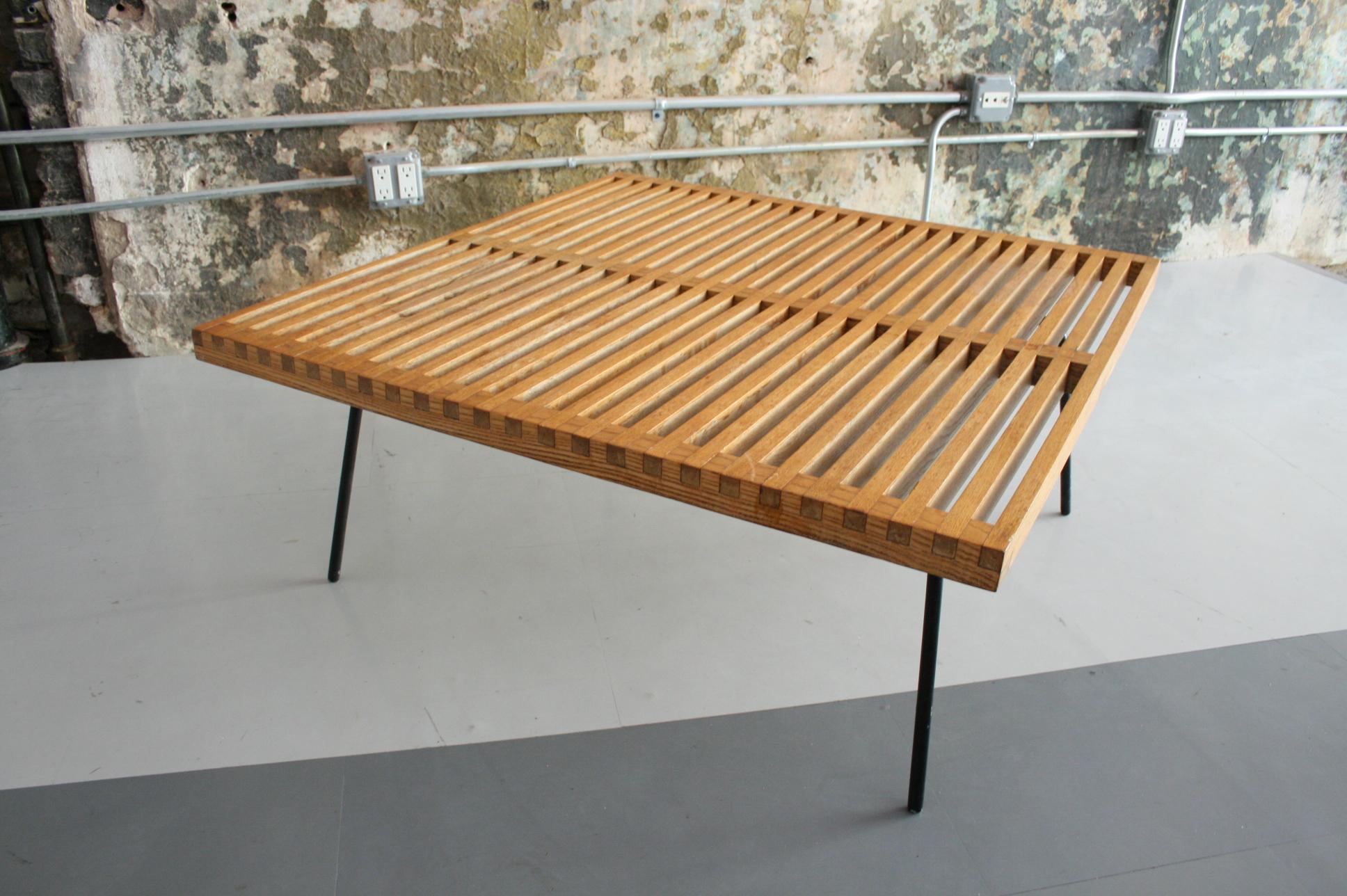 Oak Vintage Slat Table with Iron Legs For Sale