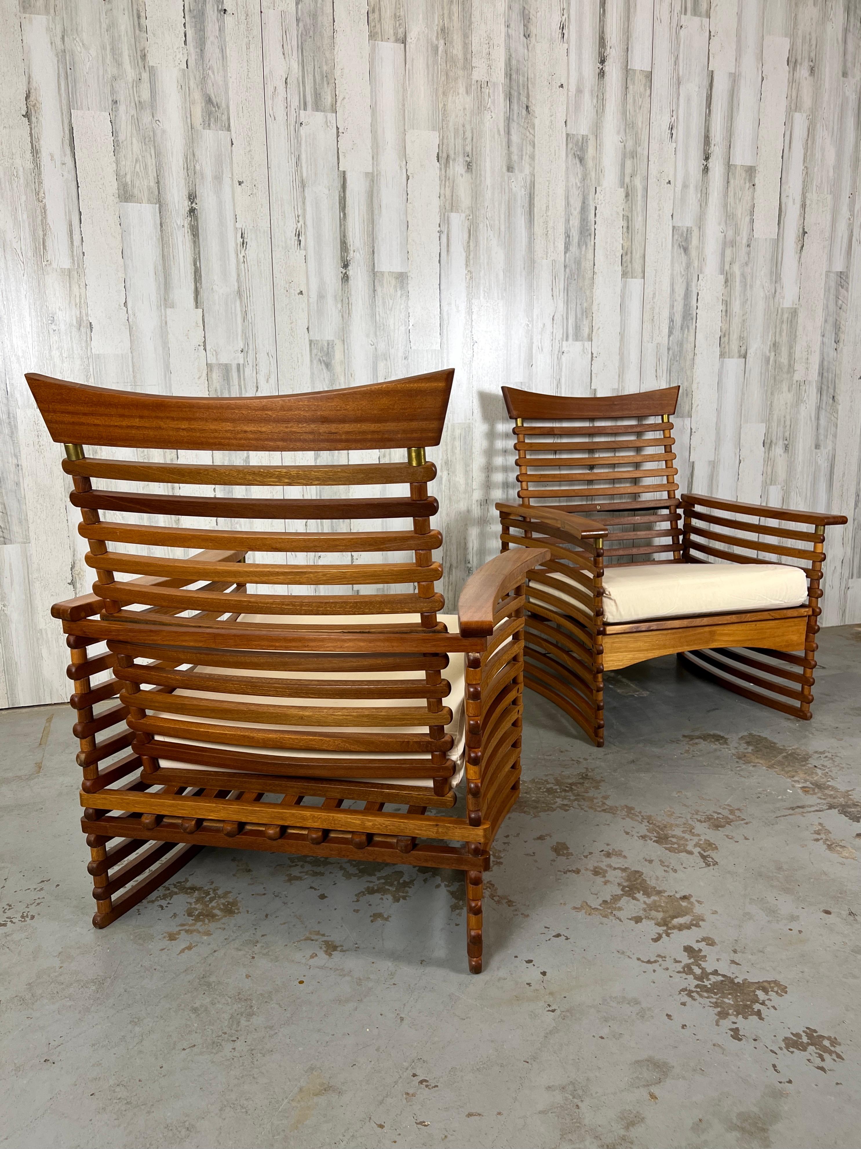 Brass Vintage Slatted Teak Lounge Chairs For Sale