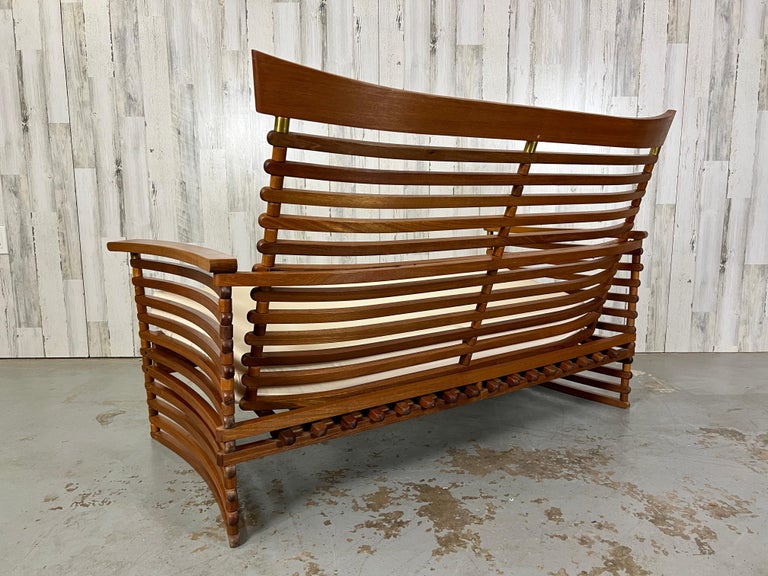 Vintage Slatted Teak Settee For Sale at 1stDibs