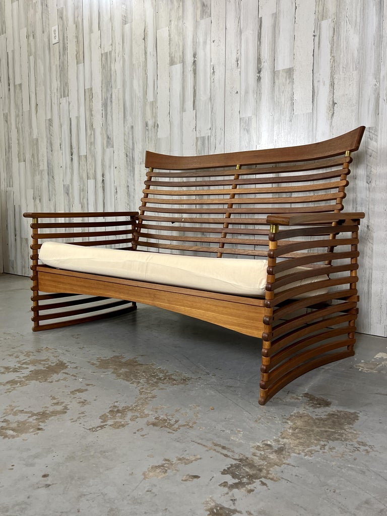 Vintage Slatted Teak Settee For Sale at 1stDibs