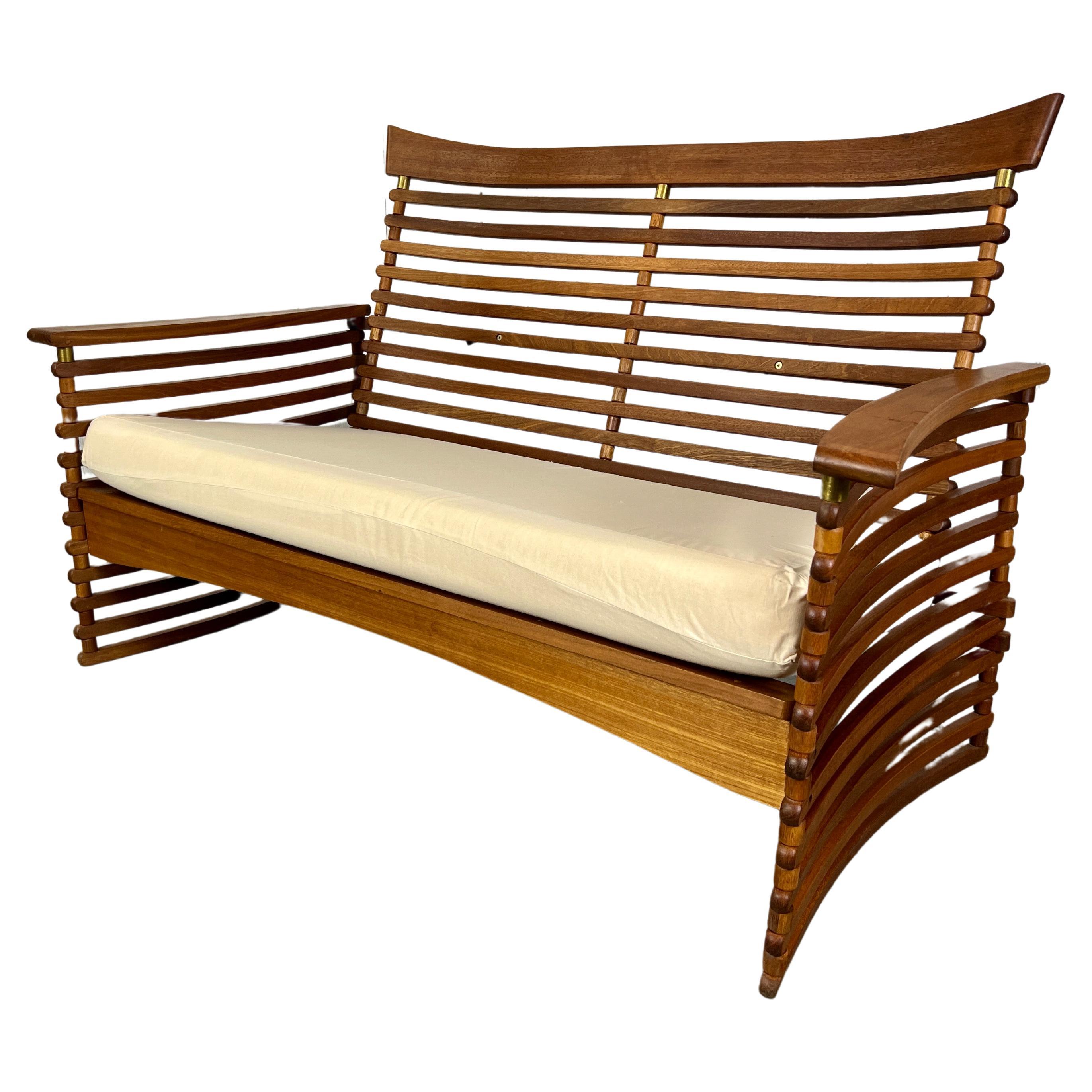 Vintage Slatted Teak Settee For Sale