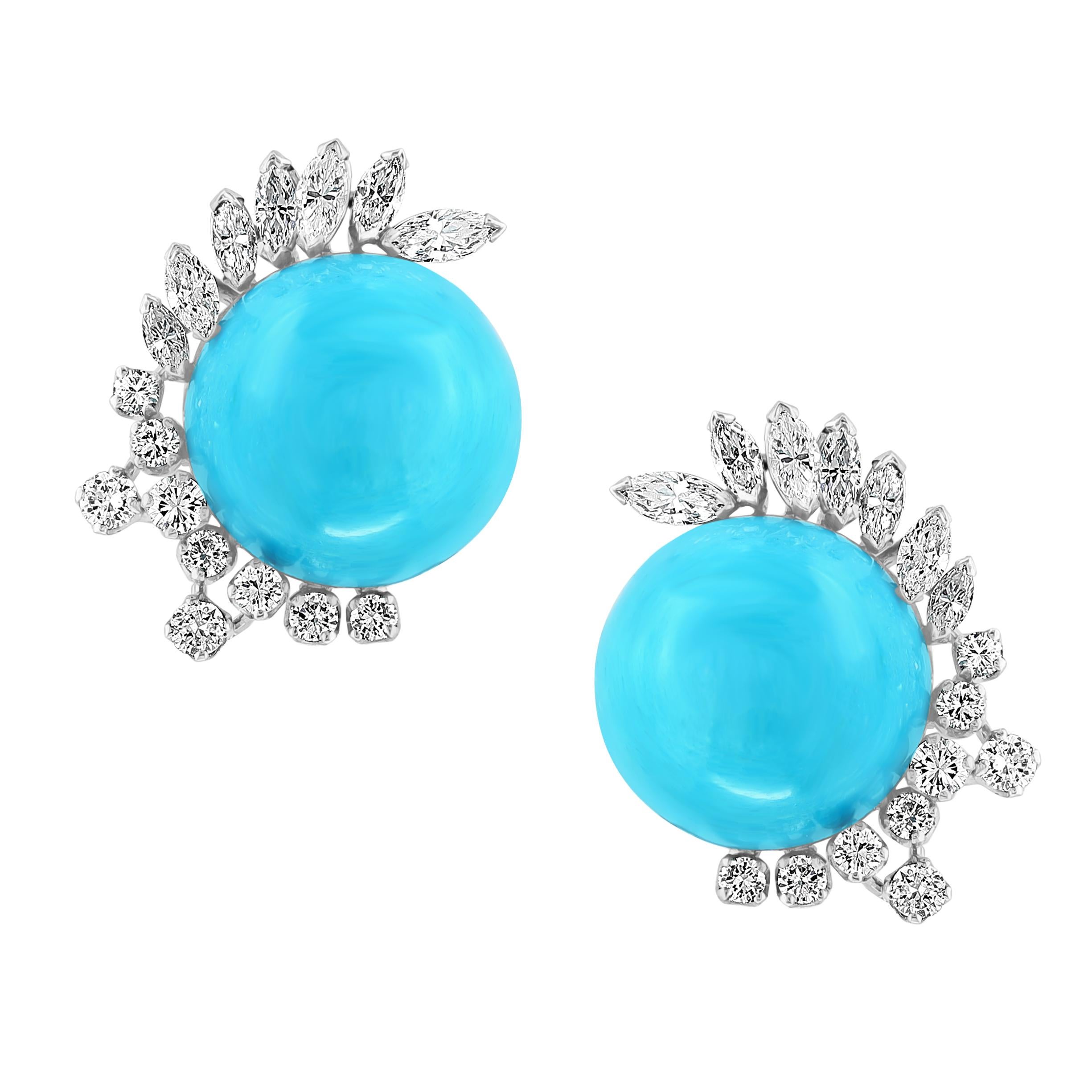 
Vintage Sleeping beauty earring & ring set with diamonds , 18 K White Gold 37Gm
Approximately 40 Ct of Sleeping Beauty  Turquoise in the set of earring and ring and 9 Ct of Diamonds
 Total 3 Turquoise in earrings and ring.
40 Carat  Cabochon 