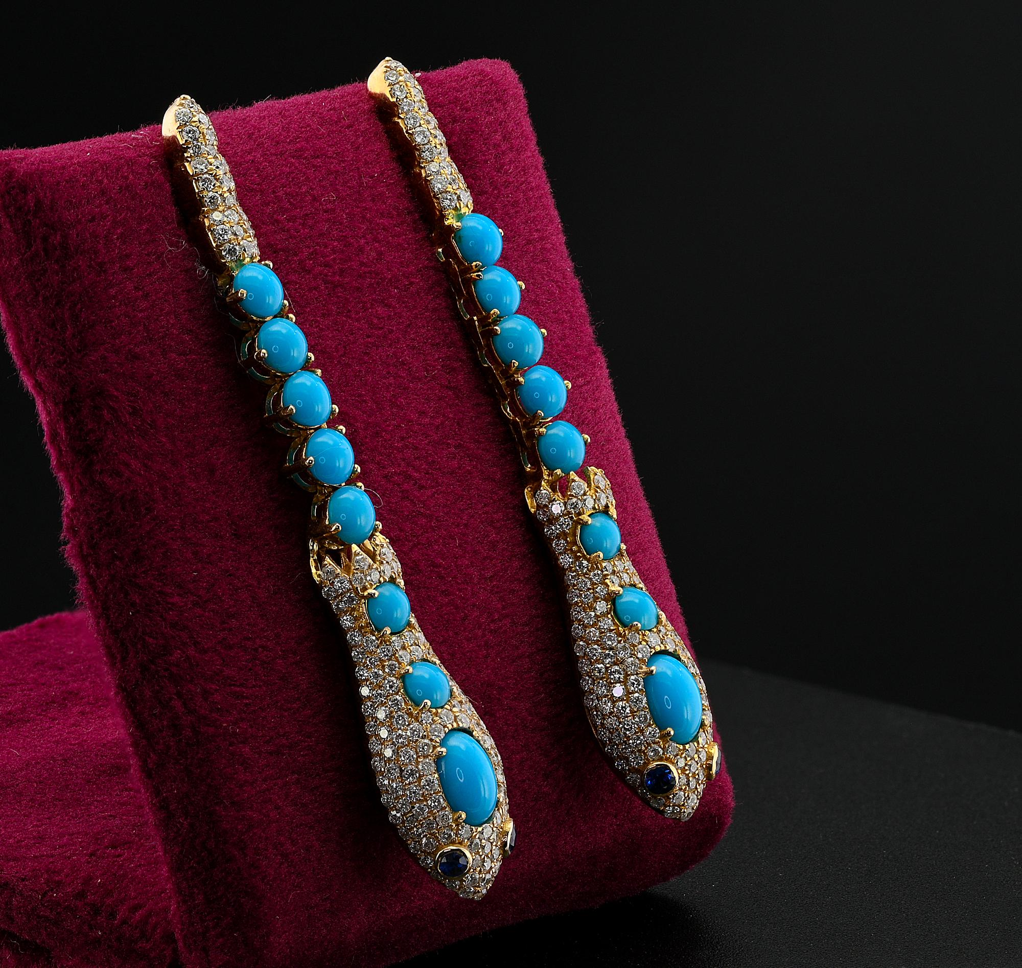 Contemporary Vintage Sleeping Beauty Turquoise 4.70 Diamond Snake Earrings For Sale