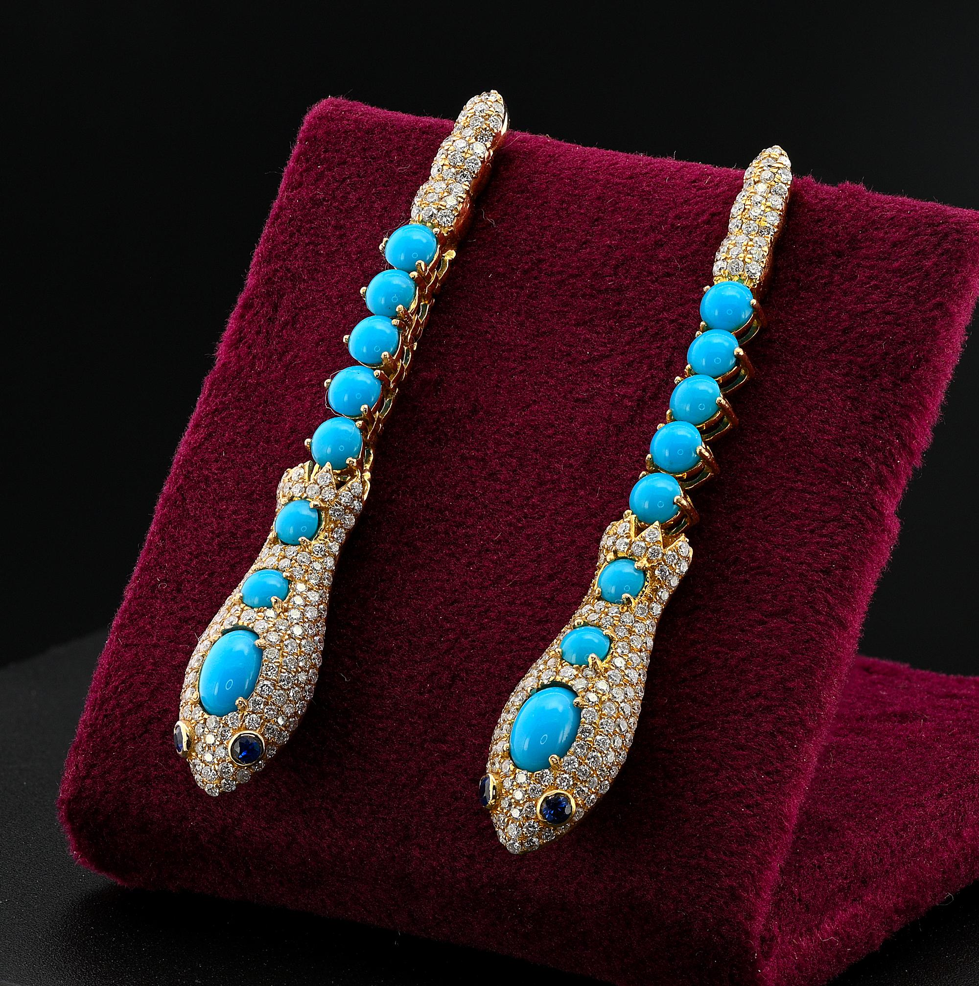 Brilliant Cut Vintage Sleeping Beauty Turquoise 4.70 Diamond Snake Earrings For Sale