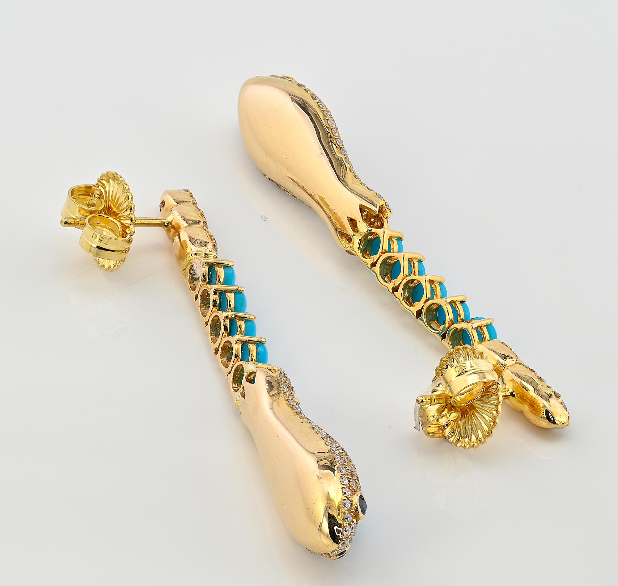 Vintage Sleeping Beauty Turquoise 4.70 Diamond Snake Earrings In Good Condition For Sale In Napoli, IT