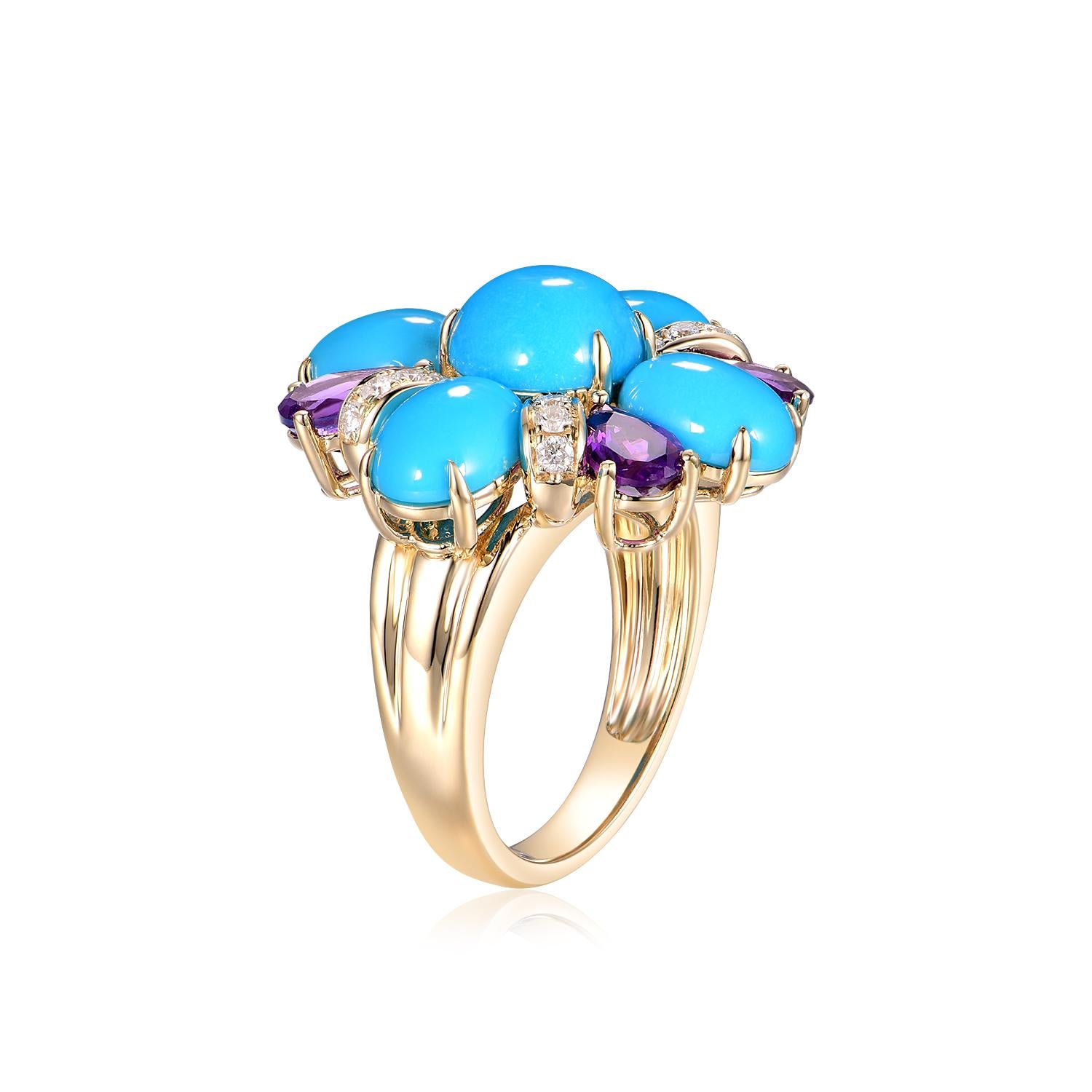 Dieser exquisite, von Blumen inspirierte Ring aus 14-karätigem Gelbgold ist ein Fest der Farben und der Eleganz. In der Mitte des Rings befinden sich zwei türkisfarbene Steine von insgesamt 1,87 Karat, deren himmelblauer Farbton an ruhige Gewässer