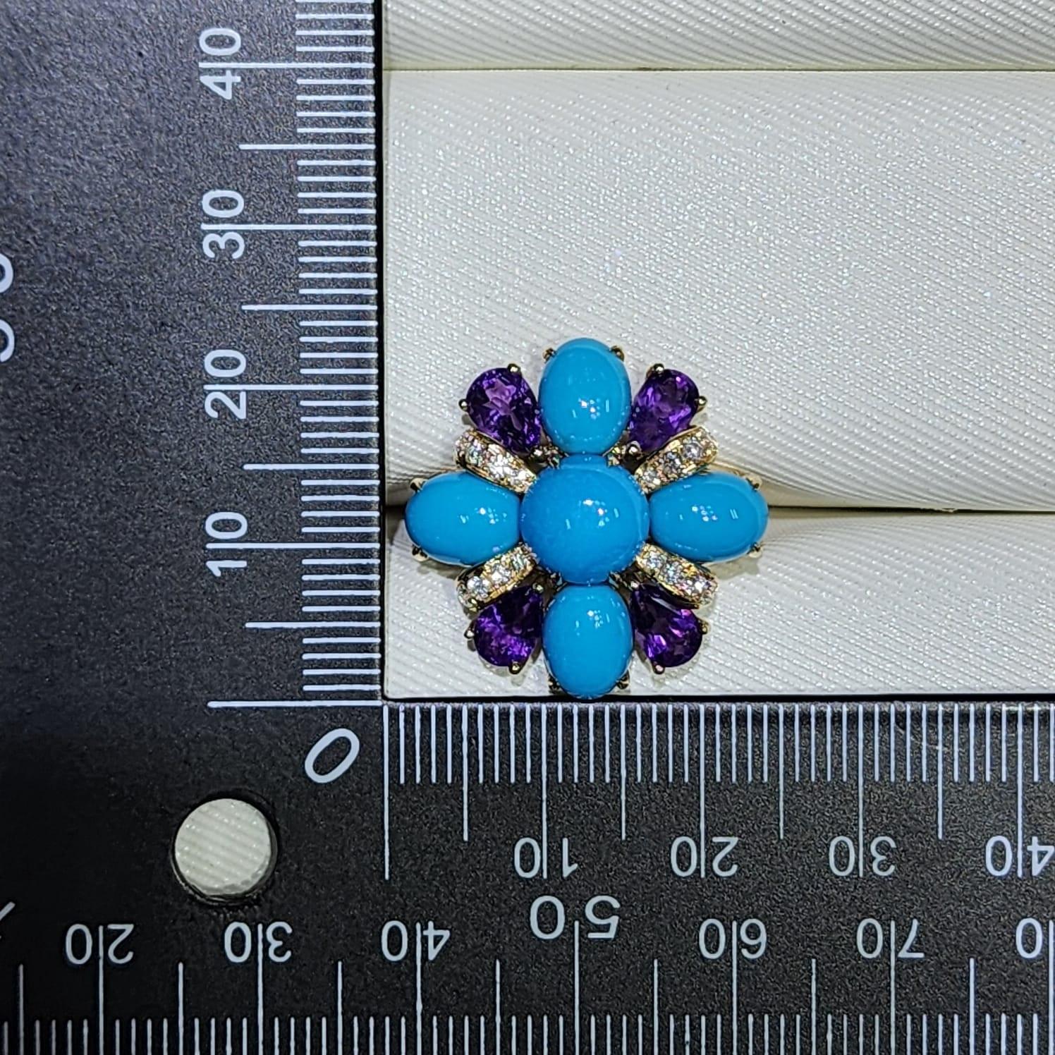 Vintage-Ring aus 14 Karat Gold, Sleeping Beauty, Türkis, Amethyst und Diamant (Art déco) im Angebot