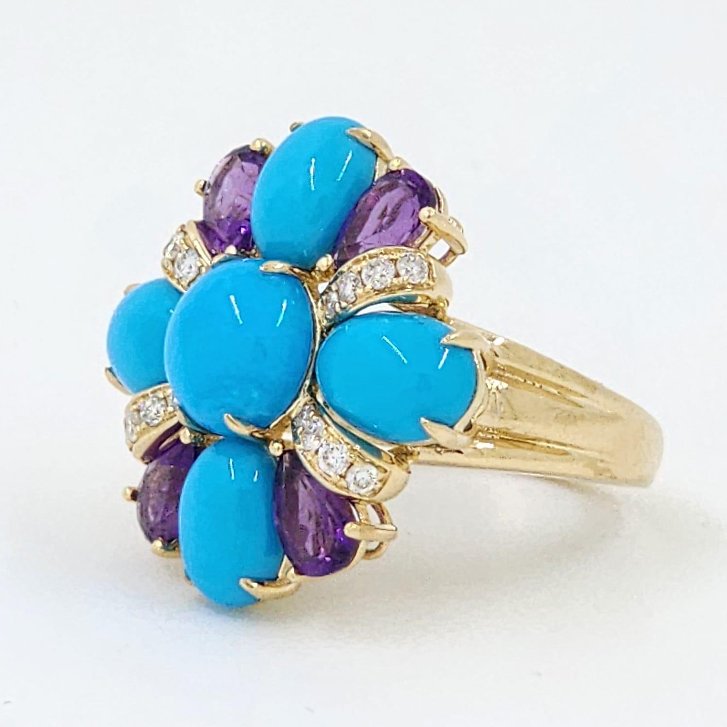 Cabochon Vintage Sleeping Beauty Turquoise Amethyst and Diamond Ring in 14 Karat Gold For Sale