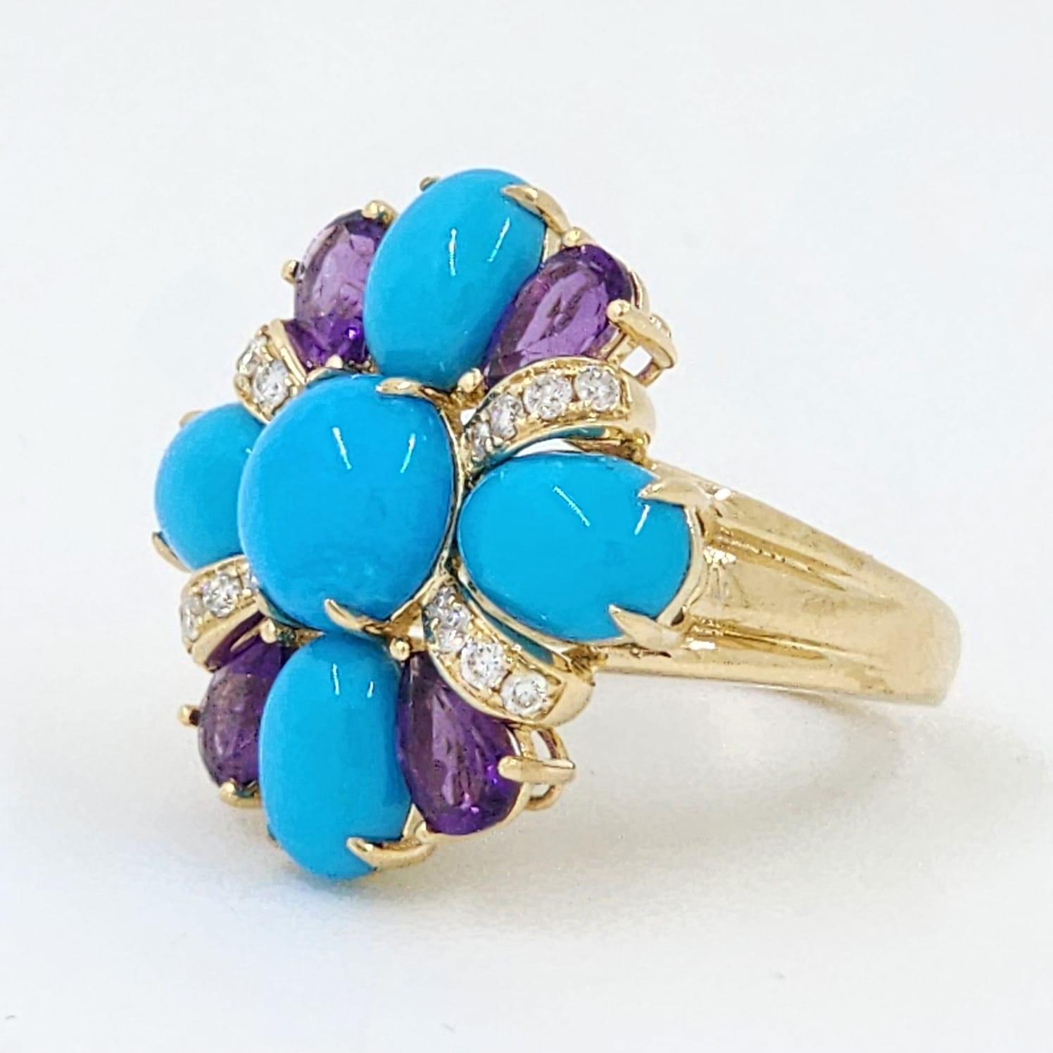 Vintage-Ring aus 14 Karat Gold, Sleeping Beauty, Türkis, Amethyst und Diamant (Cabochon) im Angebot