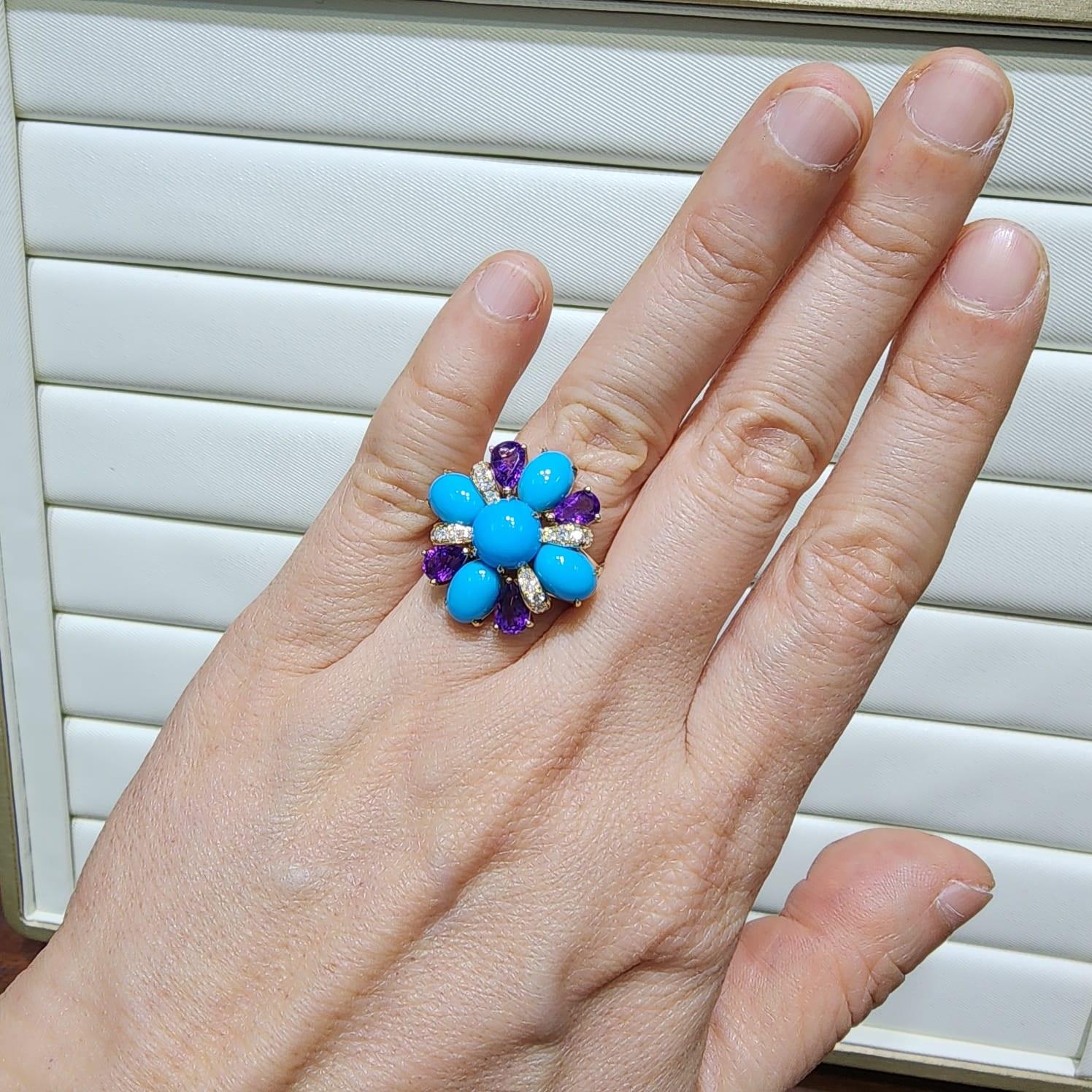 Vintage-Ring aus 14 Karat Gold, Sleeping Beauty, Türkis, Amethyst und Diamant im Zustand „Neu“ im Angebot in Hong Kong, HK