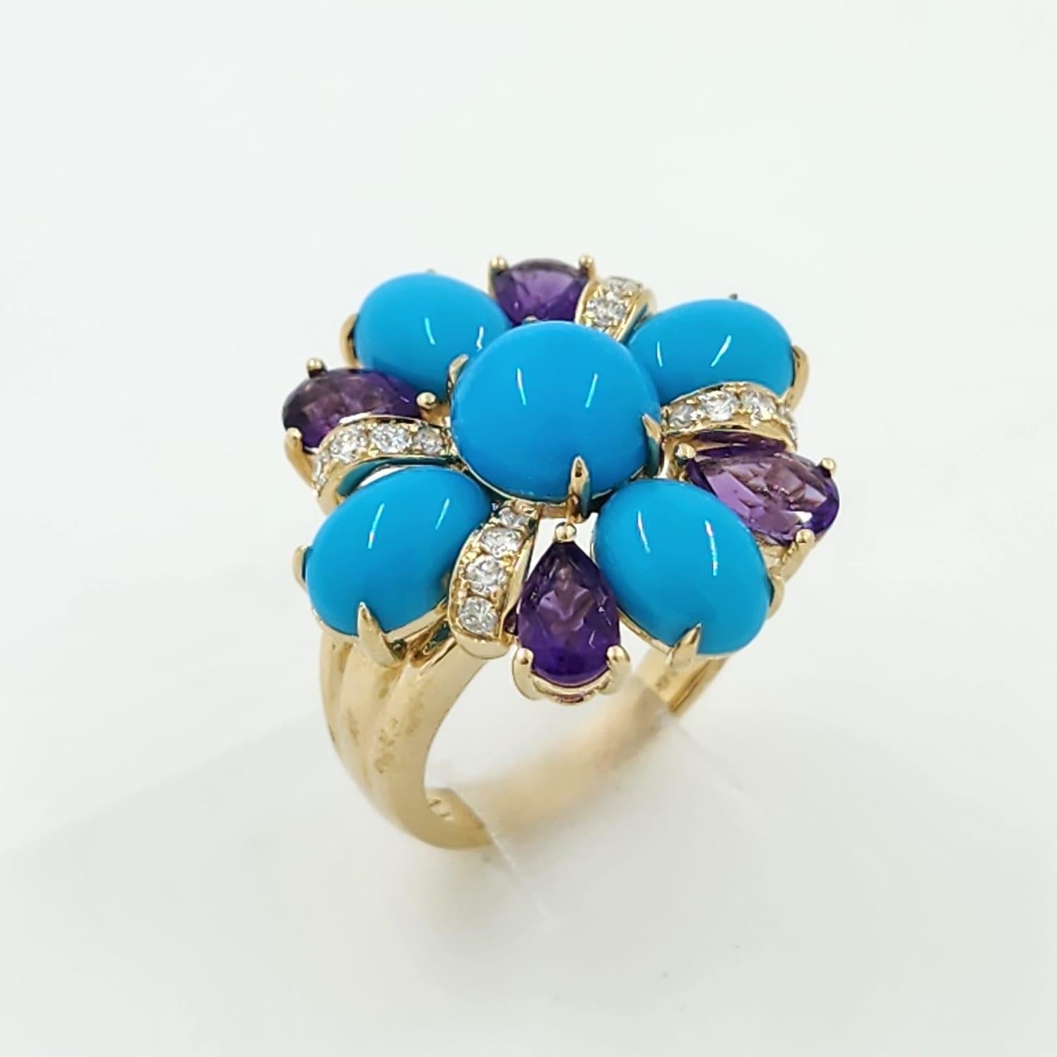 Women's Vintage Sleeping Beauty Turquoise Amethyst and Diamond Ring in 14 Karat Gold For Sale