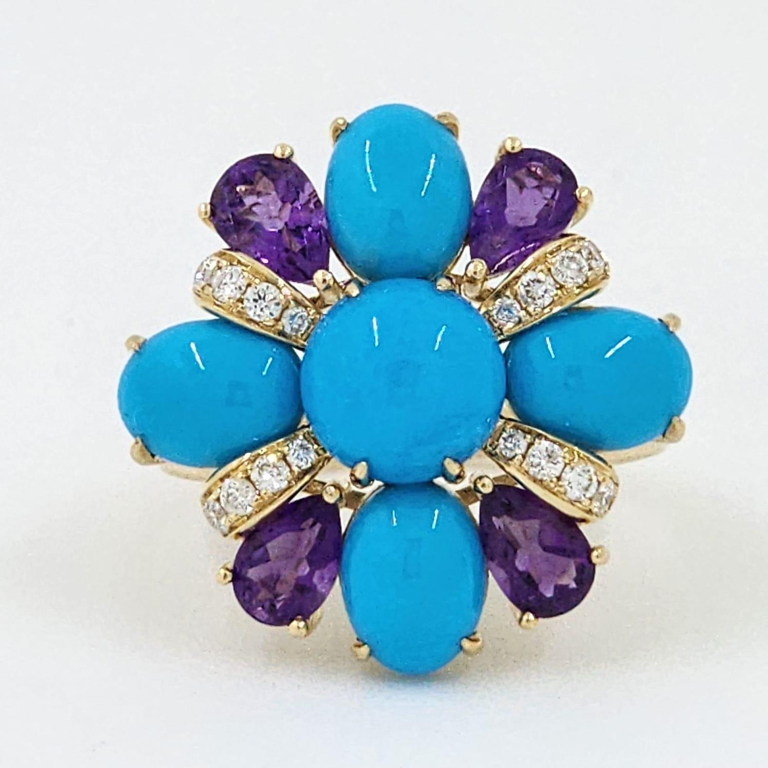 Vintage Sleeping Beauty Turquoise Amethyst and Diamond Ring in 14 Karat Gold For Sale 1