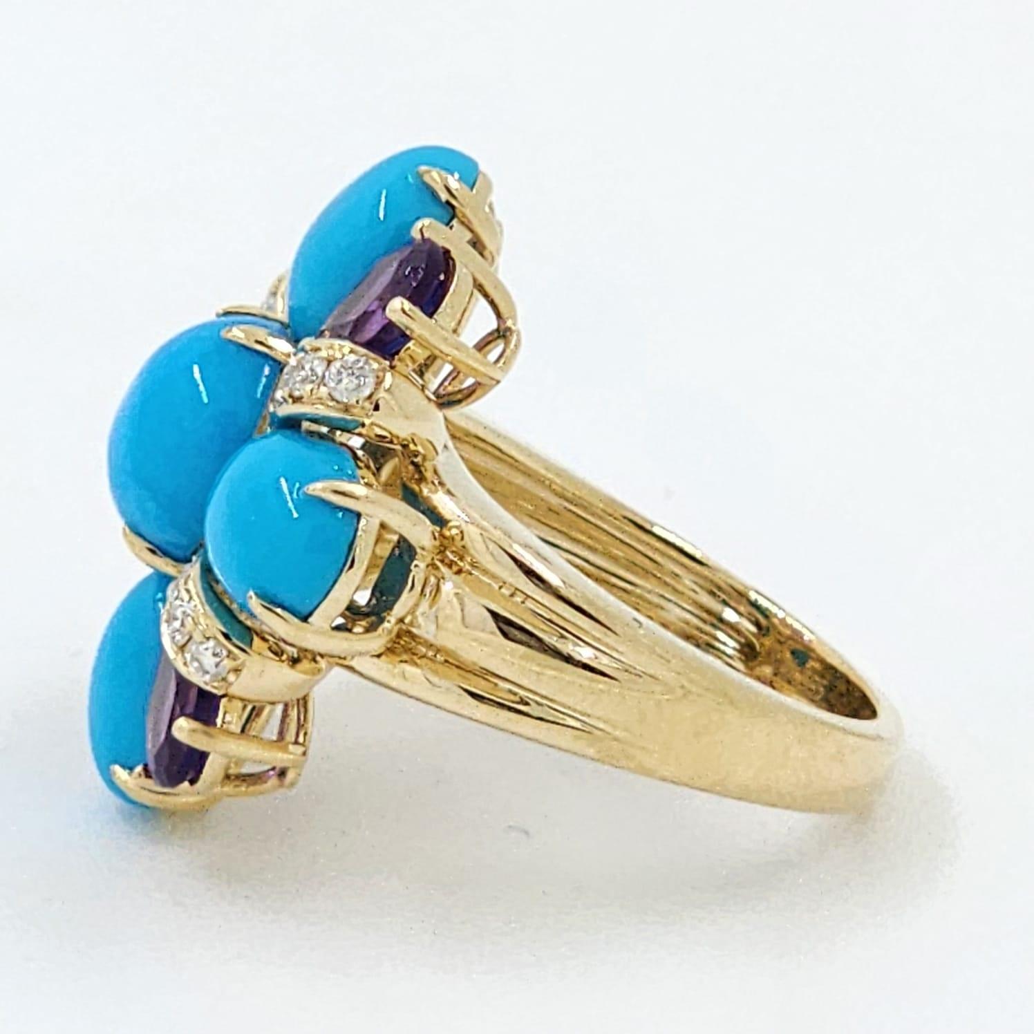 Vintage Sleeping Beauty Turquoise Amethyst and Diamond Ring in 14 Karat Gold For Sale 2