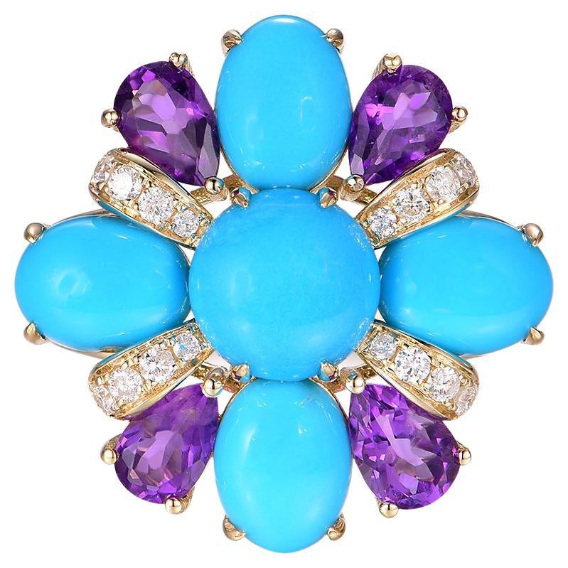 Vintage-Ring aus 14 Karat Gold, Sleeping Beauty, Türkis, Amethyst und Diamant im Angebot