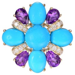 Vintage-Ring aus 14 Karat Gold, Sleeping Beauty, Türkis, Amethyst und Diamant