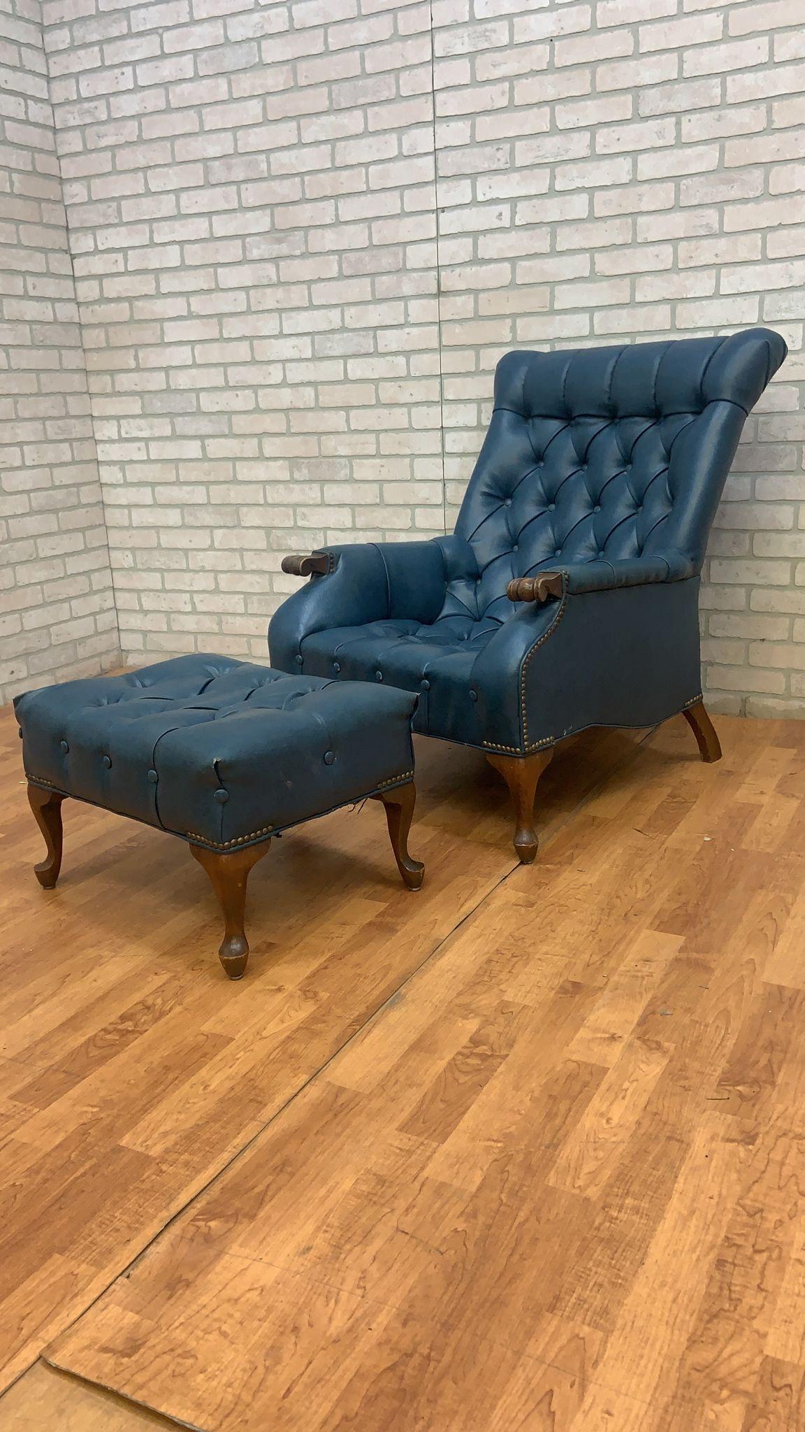 Wood Vintage Sleepy Hollow Blue Tufted Chair and Ottoman - 2 Piece Set